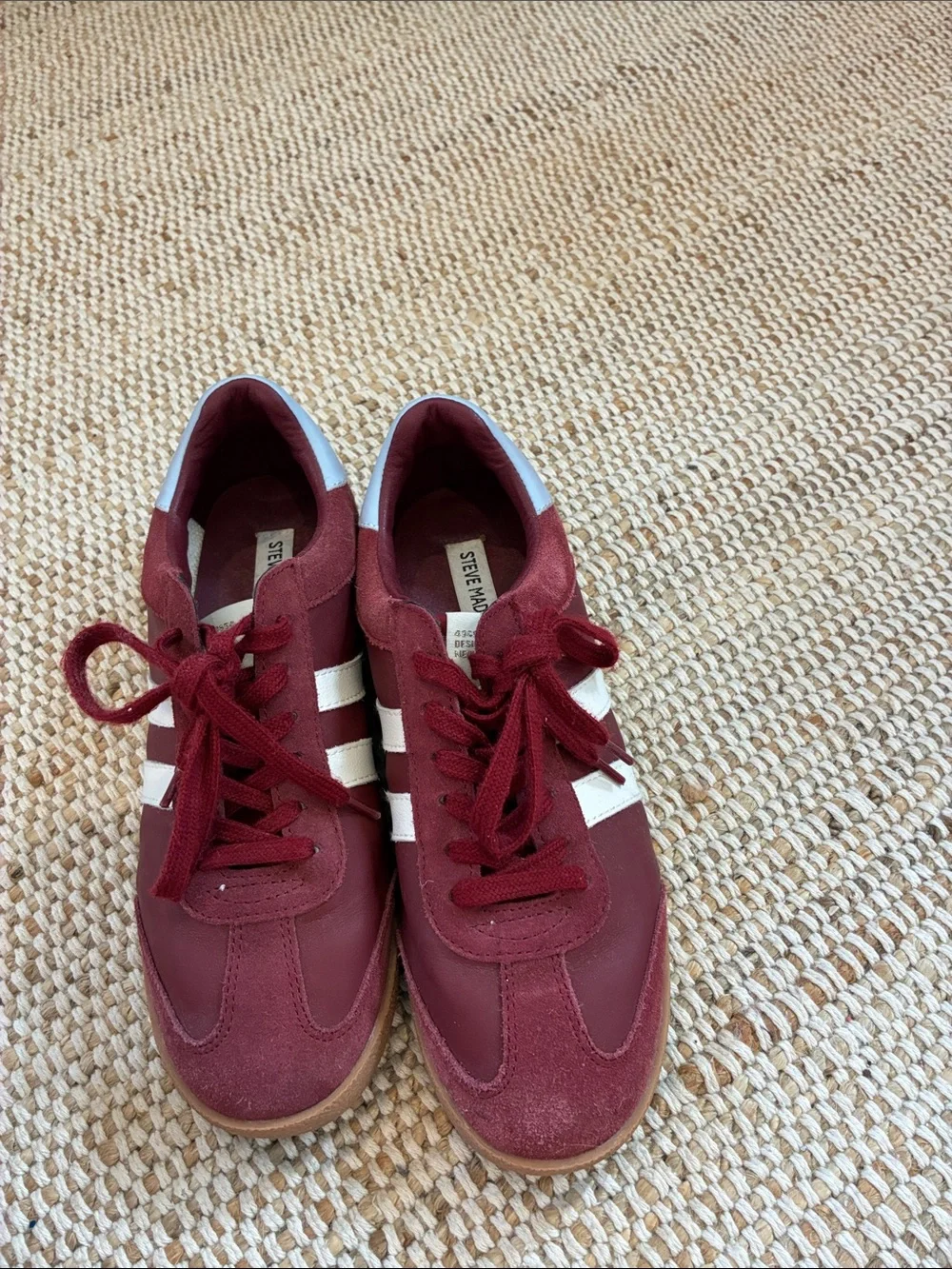 Size 10 Steve Madden Women's Burgundy Sneakers with White Stripes